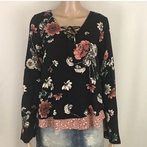 Love, Fire Black Floral Two Layer Top V-neck